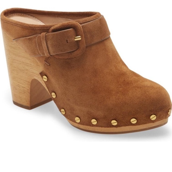 VERONICA BEARD Dacey Suede Wooden Heeled Mules Pecan Size 11 NEW - Picture 1 of 8